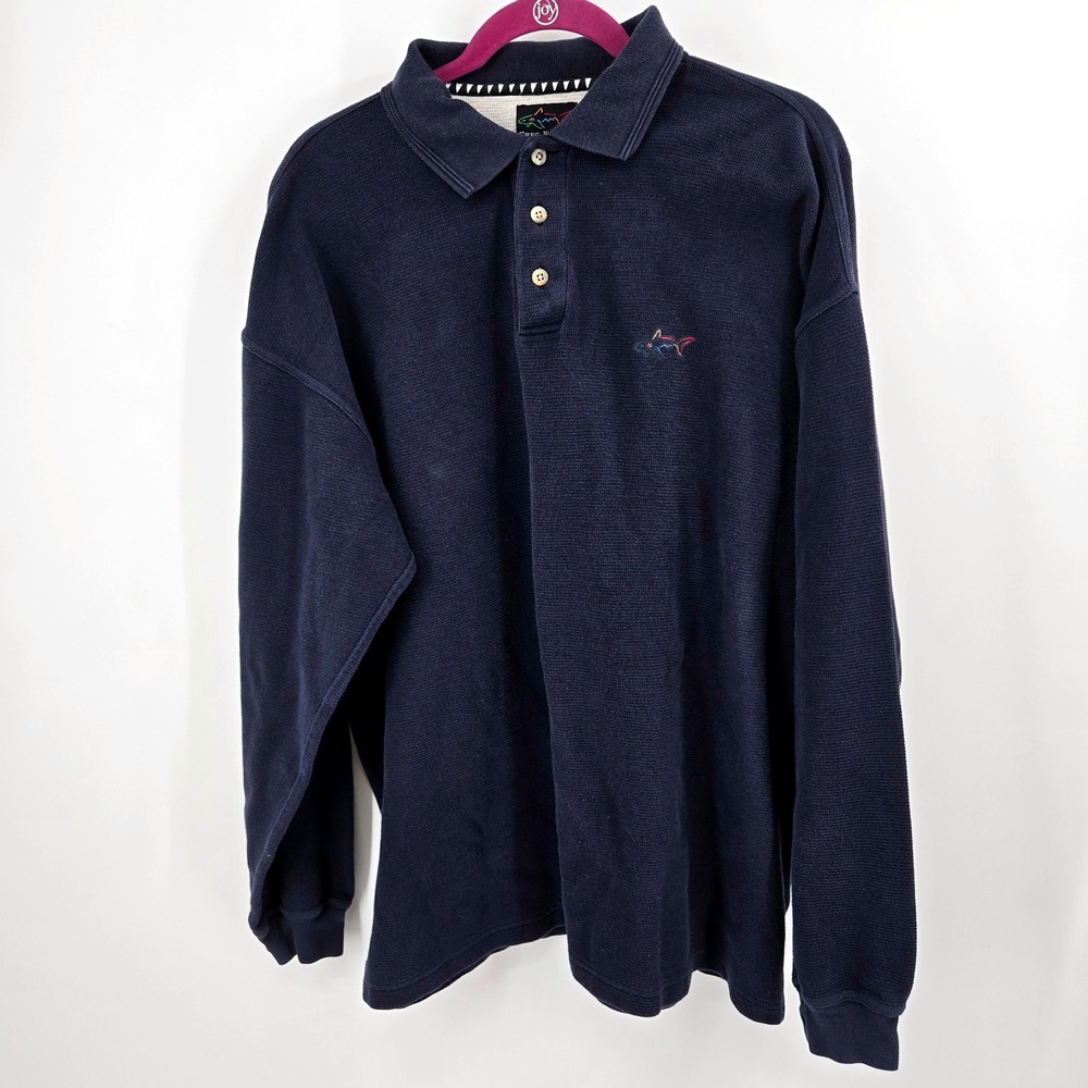 Greg Norman Vintage Pullover XL Blue Rainbow Shark Logo Pique Cotton Knit GUC